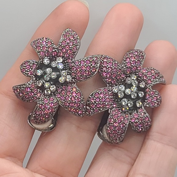 Vintage KJL Earrings Pink Purple Flower‎ Clip Ons Signed - Picture 2 of 8